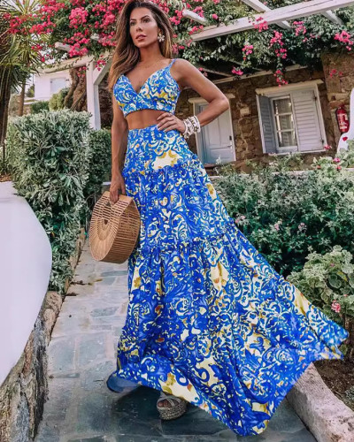 Blue printed beach vacation sexy V-neck crop top maxi skirt women's set clothing