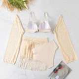Solid Color Sexy Long Sleeve Tassel Bikini Three Piece Swimsuit