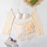 Solid Color Sexy Long Sleeve Tassel Bikini Three Piece Swimsuit