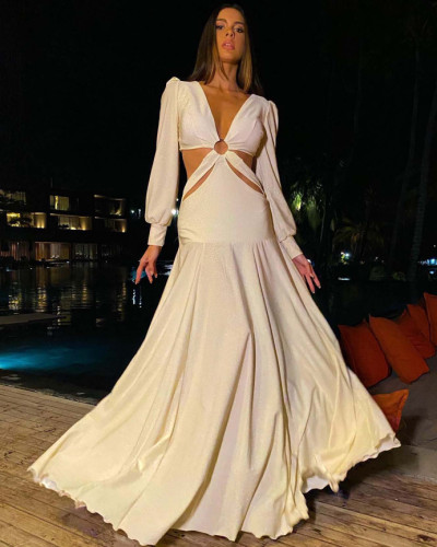 White elegant long-sleeved women's hollow waist strappy long dress women's evening wear