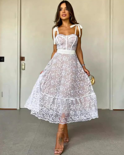 Solid white embroidered sexy high waist women's holiday long dress