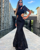 Black hollow out tassel elegant ladies long dress