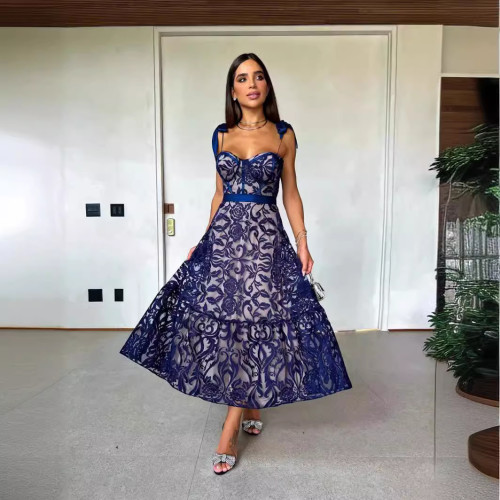Blue embroidered elegant retro lace long dress for women