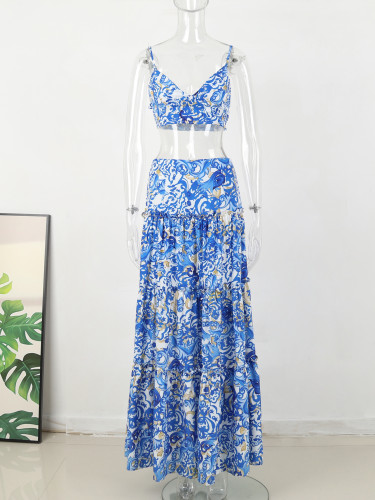 Blue printed beach vacation sexy V-neck crop top maxi skirt women's set clothing