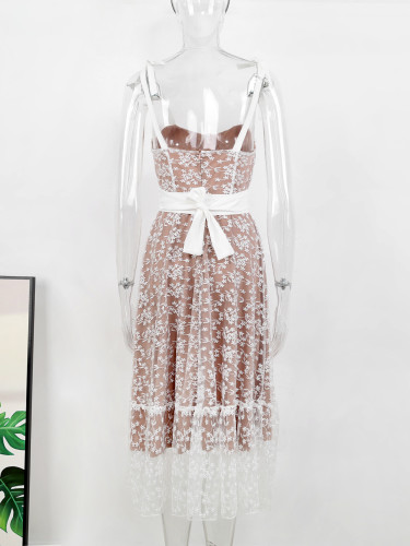 Solid white embroidered sexy high waist women's holiday long dress