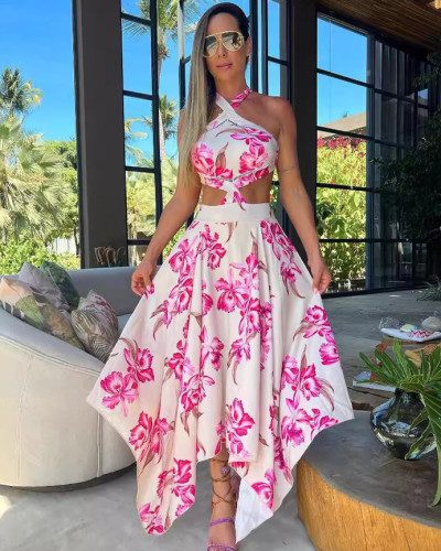 Printed holiday halterneck waistless sexy women's long backless boho beach dress