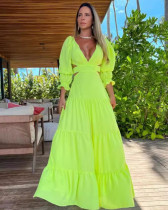 Solid green deep V-neck short-sleeved elegant women's holiday long dress