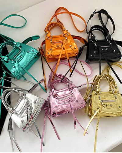 Mini retro leather glossy handbag rivet motorcycle bag shoulder bag for women