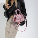 Mini retro leather glossy handbag rivet motorcycle bag shoulder bag for women