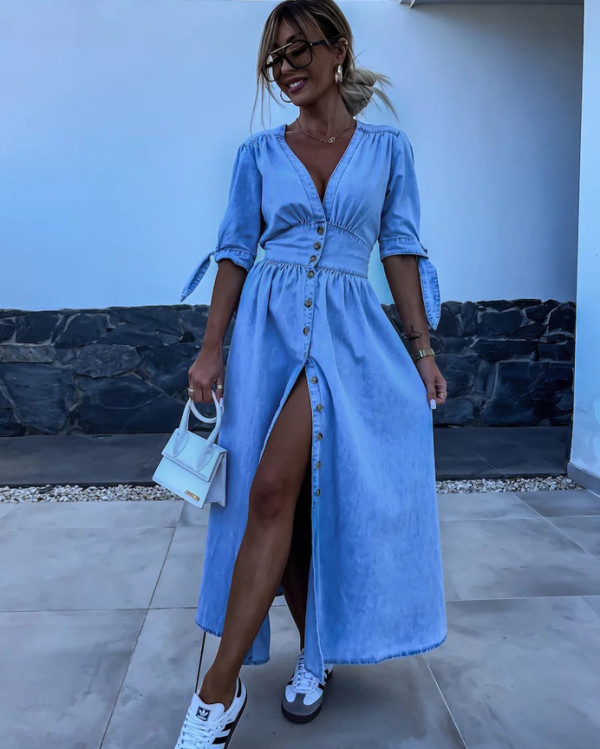 Fashionable V-neck Long Denim Dress