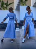 Fashionable V-neck Long Denim Dress
