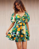 Summer V-neck printed boho beach lantern sleeve short floral dress