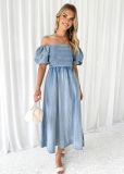 Puff sleeve slim waisted denim long dress