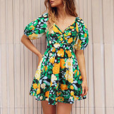 Summer V-neck printed boho beach lantern sleeve short floral dress