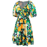Summer V-neck printed boho beach lantern sleeve short floral dress