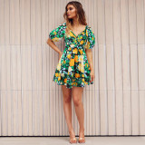 Summer V-neck printed boho beach lantern sleeve short floral dress