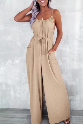 Summer solid color casual loose sleeveless wide leg jumpsuit