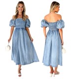 Puff sleeve slim waisted denim long dress