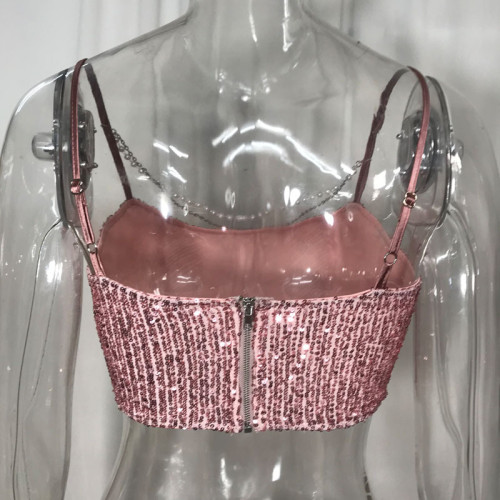 Sexy nightclub slim fit solid color chain halter sequins women's tops