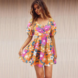 Summer V-neck printed boho beach lantern sleeve short floral dress
