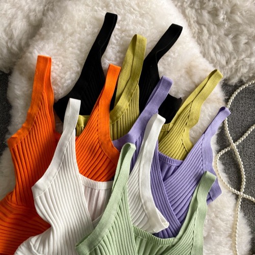 Summer retro ribbed knitted vest V-neck solid color short slim-fit top