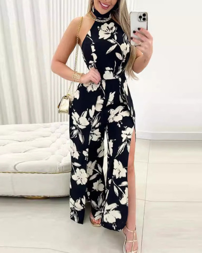 Summer floral print resort style halterneck backless side-slit jumpsuit