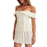 Fashionable off-shoulder double-breasted top and pleated skirt suit