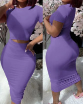 Summer round neck short T-shirt bodycon skirt solid color two piece clothing