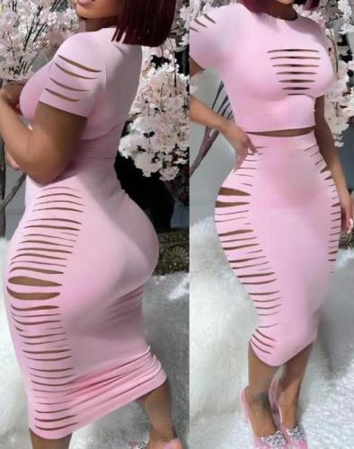 Summer round neck T-shirt bodycon skirt ripped sexy two piece clothing