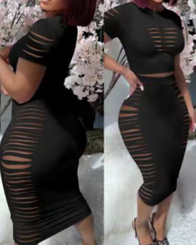 Summer round neck T-shirt bodycon skirt ripped sexy two piece clothing