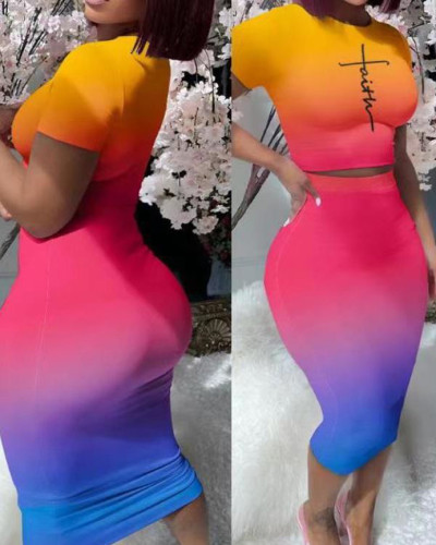 Summer round neck short T-shirt bodycon skirt printed two piece clothing