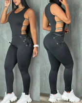 Summer round neck hollow out sleeveless slim fit sexy slimming jumpsuit