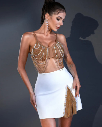 Women's Spring Summer Chains Fashion Party Two Piece Bandage Skirt Set