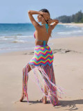 Summer sexy hand-made knitted fringed beach cover-up skirt set