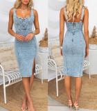 U-neck suspender distressed casual denim dress
