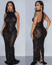 (Presale) Fashion women's solid color sequined halterneck long evening dress