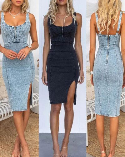 U-neck suspender distressed casual denim dress