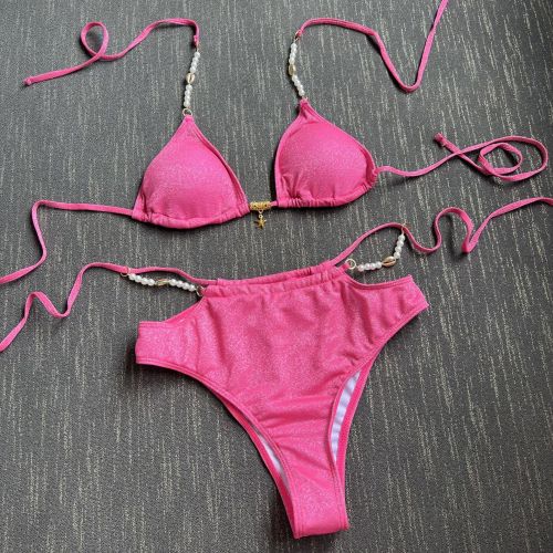 Beach Solid Color Sexy High Waist Pearl Chain Swimsuit Bikini