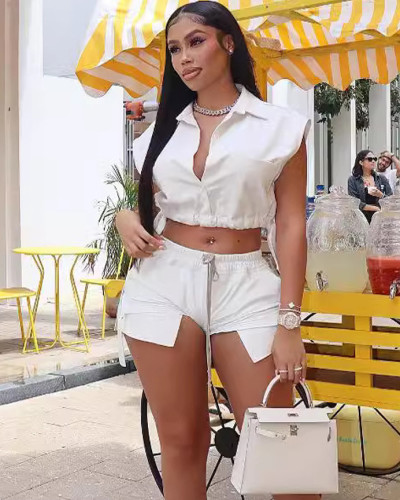 Summer solid color crop top + shorts two-piece set