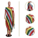 Fashionable fringed knitted colorful striped beach cover-ups