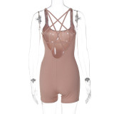 Fashion Women's Summer Ribbed Solid Color Strappy Backless Sports Yoga Rompers Jumpsuit