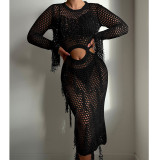 Hollow out knitted sequined fringed long-sleeved vacation dress beach cover-up