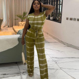 Fashionable Gradient Print Round Neck Short Sleeve Wide Leg One-piece Jumpsuit