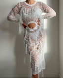 Hollow out knitted sequined fringed long-sleeved vacation dress beach cover-up