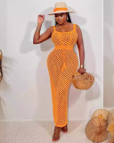 Beach Style Women's Fishnet Tank Top Knitted Long Skirt Set