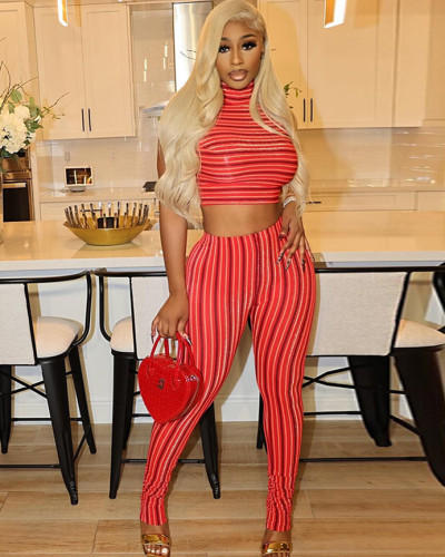Fashion women's striped sexy sleeveless vest trousers two-piece set