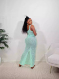 Beach Style Women's Fishnet Tank Top Knitted Long Skirt Set