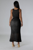 Boho beach tassel fishnet knitted casual two-piece skirt set