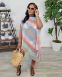 Fashionable fringed knitted colorful striped beach cover-ups