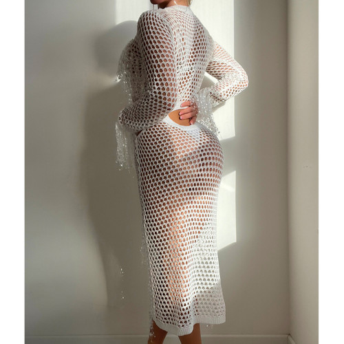 Hollow out knitted sequined fringed long-sleeved vacation dress beach cover-up